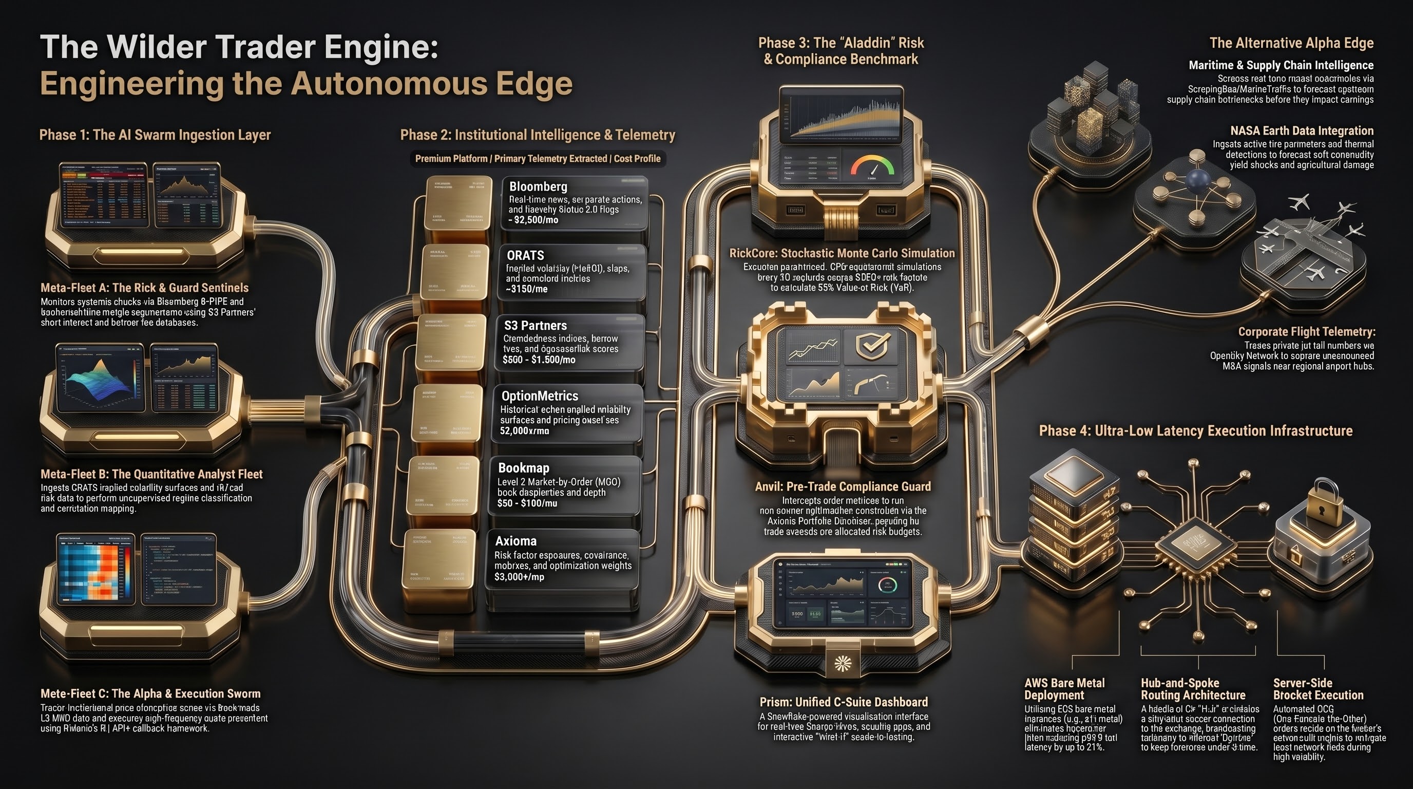 Infographic titled "The Wilder Trader Engine: Engineering the Autonomous Edge," laid out in four connected phases. Phase 1, the AI Swarm Ingestion Layer, shows three meta-fleets — the Risk & Guard Sentinels, the Quantitative Analyst Fleet, and the Alpha & Execution Swarm — reading market, volatility, and order-flow data. Phase 2, Institutional Intelligence & Telemetry, lists six premium data platforms feeding the engine: Bloomberg, ORATS, S3 Partners, OptionMetrics, Bookmap, and Axioma, each with its telemetry and monthly cost. Phase 3, the "Aladdin" Risk & Compliance Benchmark, shows three modules — RiskCore running stochastic Monte Carlo simulation, Anvil as a pre-trade compliance guard, and Prism as a unified C-suite dashboard. Phase 4, Ultra-Low Latency Execution Infrastructure, covers AWS bare-metal deployment, hub-and-spoke routing architecture, and server-side bracket order execution. A fifth column, the Alternative Alpha Edge, adds maritime and supply-chain intelligence, NASA earth data integration, and corporate flight telemetry, all rendered as gold-and-chrome hardware connected by piping on a dark ground.